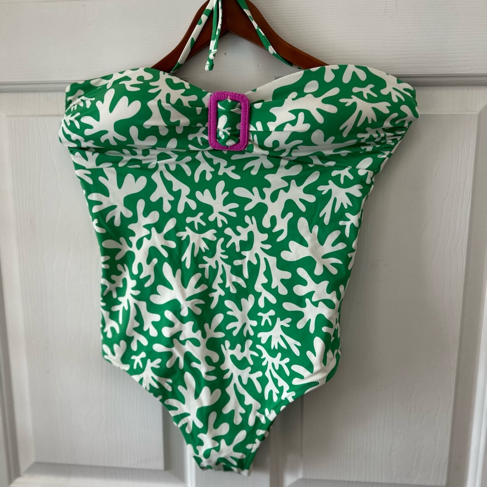 Boden Green and White One-Piece Swimsuit with Pink Buckle